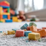 small chunks of colourful kids playdough scattered across a pristine white Axminster carpet